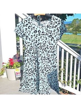 Pink Rose dress babydoll short sleeve baby blue aqua leapord midi dress new